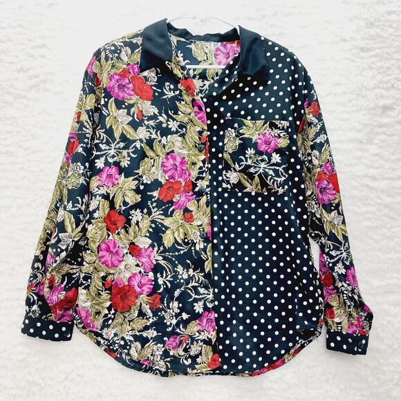 Blouse Size L Floral Dot Mix Maximalist Art Chic Y2K Whimsycore Vacation Office - Picture 1 of 12